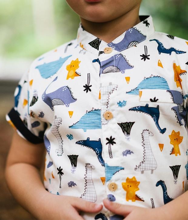 Mandarin Collar Shirt - Dinosaur (White ...